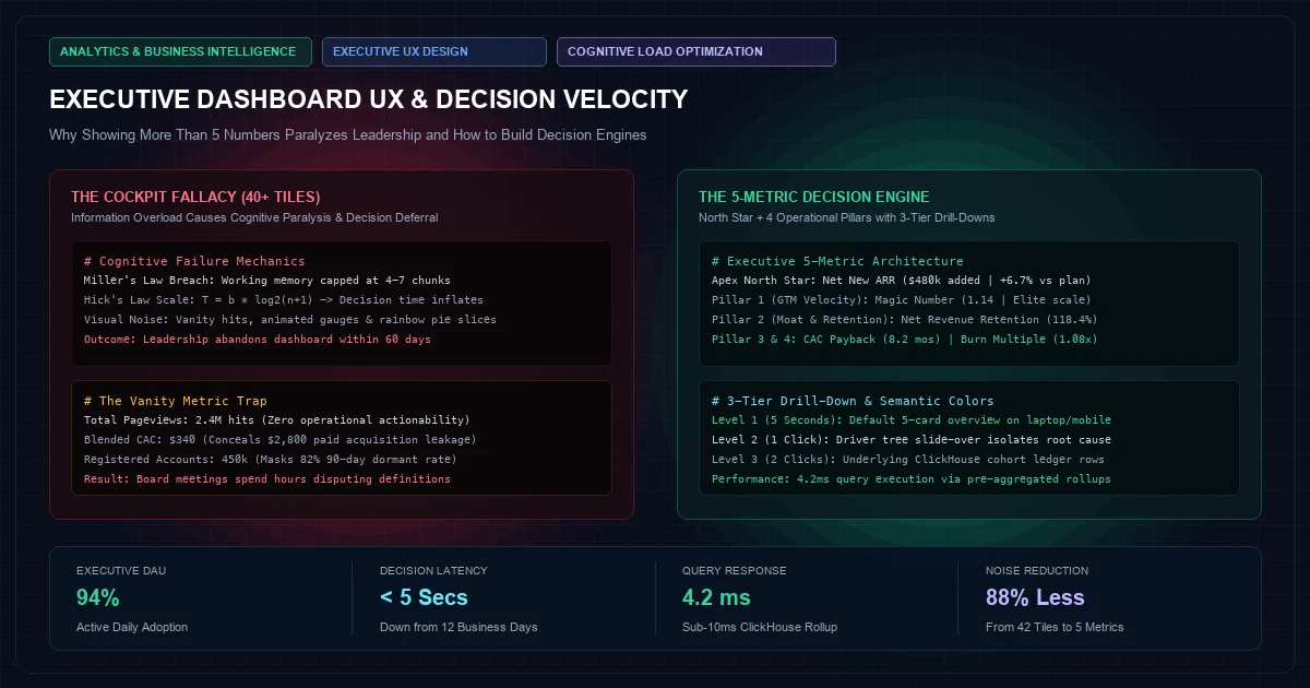 Executive Dashboard UX: Why Showing More Than 5 Numbers Paralyzes Leadership Decision-Making