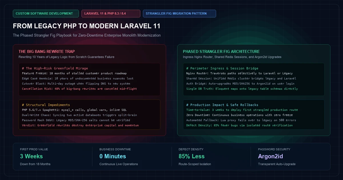From Legacy PHP to Modern Laravel 11: The Phased Strangler Fig Migration Playbook